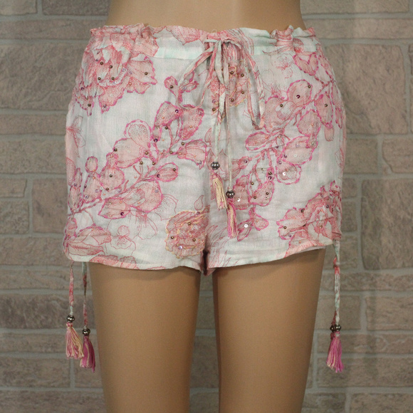 Z&L Europe Pants - Z&L Europe Pink Floral Sequined Mini Shorts Boho